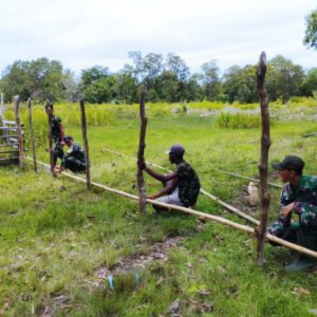 Bersama Masyarakat, Prajurit Badak Hitam 511 Bergotong Royong Membuat Pagar Lahan Perkebunan
